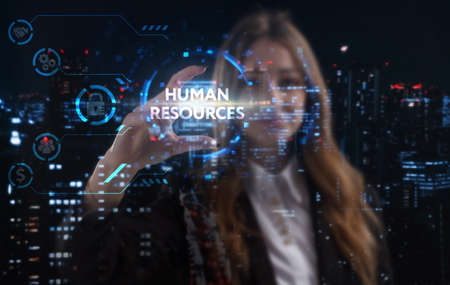 Business, technology, internet and network concept. Young businessman thinks over the steps for successful growth: Human resourcesの写真素材