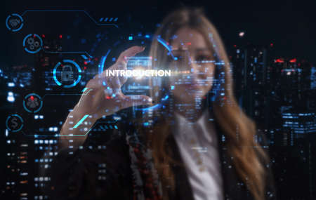 Business, technology, internet and network concept. Young businessman thinks over the steps for successful growth: Introductionの写真素材