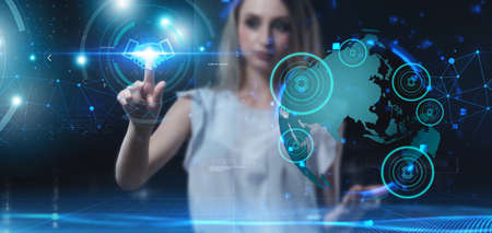 Business, technology, internet and network concept. Young businessman thinks over the steps for...