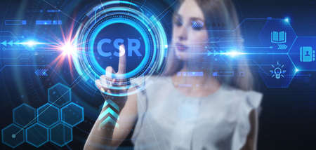 Business, technology, internet and network concept. Young businessman thinks over the steps for successful growth: CSRの写真素材