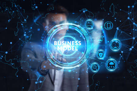 Business, technology, internet and network concept. Young businessman thinks over the steps for...
