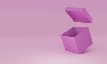 Internet, business, Technology and network concept. Empty purple open cardboard box isolated on pink pastel colored background with shadow 3d renderingの写真素材