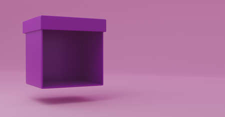Internet, business, Technology and network concept. Empty purple open cardboard box isolated on pink pastel colored background with shadow 3d renderingの写真素材