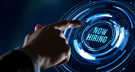 Internet, business, Technology and network concept. NOW HIRING inscription, modern technology business conceptの写真素材