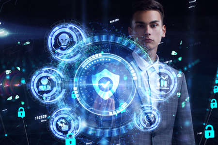 Cyber security data protection business technology privacy concept. Young businessman select the...