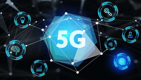 The concept of 5G network, high-speed mobile Internet, new generation networks. Business, modern technology, internet and networking conceptの写真素材