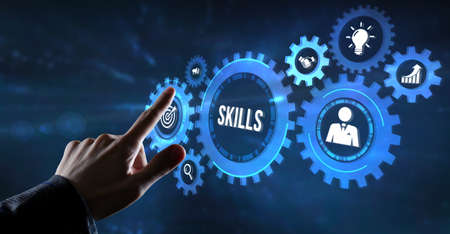 Internet, business, Technology and network concept.Coach motivation to skills improvement. Education concept. Training. Leadership skills. Human abilities. Virtual button.の写真素材