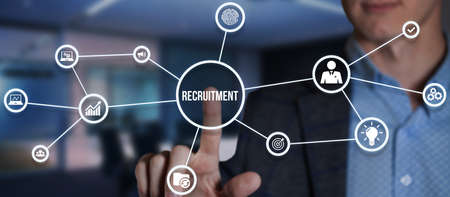 Internet, business, Technology and network concept. Recruitment career employee interview business HR Human Resources concept. Virtual button.の写真素材