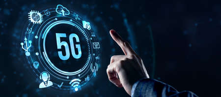 Internet, business, Technology and network concept. The concept of 5G network, high-speed mobile Internet, new generation networks. Virtual button.の写真素材