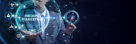 The concept of business, technology, the Internet and the network. A young entrepreneur working on a virtual screen of the future and sees the inscription: Inbound marketingの写真素材