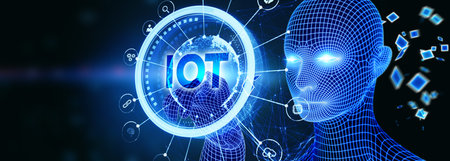 Internet of things - IOT concept. Businessman offer IOT products and solutions. The future of technology. Virtual screen of the future with the inscription: IOT. 3d illustrationの写真素材