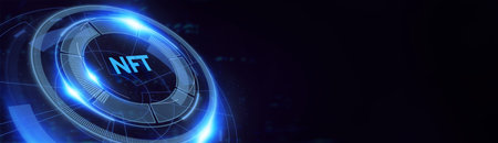 NFT Non-fungible token digital crypto on virtual screen. 3d illustrationの写真素材
