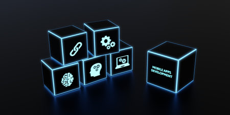 Inscription MOBILE APPS DEVELOPMENT on the virtual display. cloud technology concept. 3d illustrationの写真素材