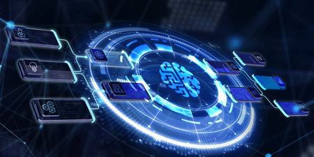 Artificial intelligence (AI), machine learning and modern computer technologies concepts. Business, Technology, Internet and network concept. 3d illustrationの写真素材