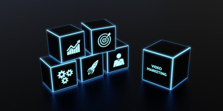 Video marketing and advertising concept on screen. Business, Technology, Internet and network concept. 3d illustrationの写真素材