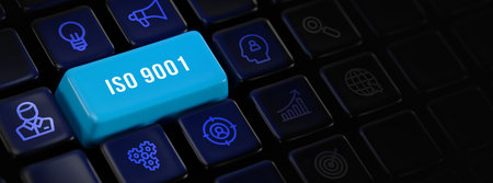 Business, technology, internet and network concept. Virtual screen of the future with the inscription: ISO 9001. 3d illustrationの写真素材