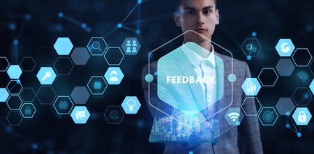 Feedback concept, user comment rating of company online, writing review diagram, reputation management. 3d illustrationの写真素材
