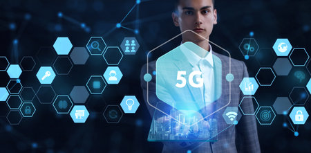 The concept of 5G network, high-speed mobile Internet, new generation networks. Business, modern technology, internet and networking concept. 3d illustrationの写真素材
