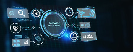 Inscription Software Development on the virtual display. Business, modern technology, internet and networking concept. 3d illustrationの写真素材