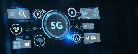 The concept of 5G network, high-speed mobile Internet, new generation networks. Business, modern technology, internet and networking concept. 3d illustrationの写真素材