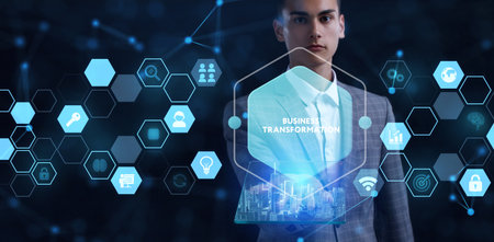 Business, technology, internet and network concept. Virtual screen of the future and sees the inscription: Business transformation. 3d illustrationの写真素材