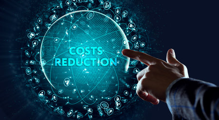 Cost reduction business finance concept on virtual screen. Business, technology concept. 3d illustrationの写真素材