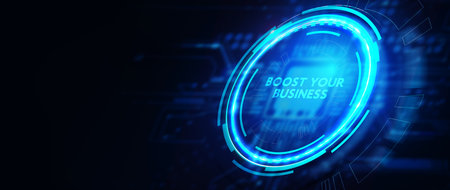 Business, Technology, Internet and network concept. Young businessman shows the word: Boost your business. 3d illustrationの写真素材