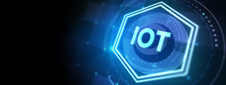 Internet of things - IOT concept. Businessman offer IOT products and solutions. The future of technology. Virtual screen of the future with the inscription: IOT. 3d illustrationの写真素材