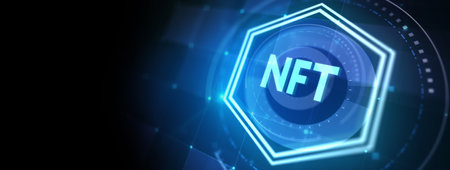 NFT Non-fungible token digital crypto on virtual screen. 3d illustrationの写真素材