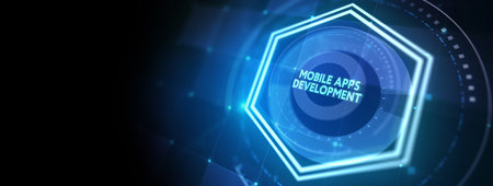 Inscription MOBILE APPS DEVELOPMENT on the virtual display. cloud technology concept. 3d illustrationの写真素材