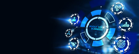 Business, Technology, Internet and network concept. Young businessman shows the word: Boost your business. 3d illustrationの写真素材