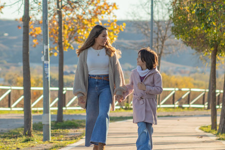 Mother and her daughter walking hand in hand through an autumn forest path. Both are dressed in cozy autumn clothes smiling at each other while enjoying a loving conversation. Their strong emotional connection is evident as they share a joyful peaceful moment together.の写真素材