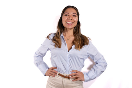 latina woman posing camera with white backgroundの写真素材