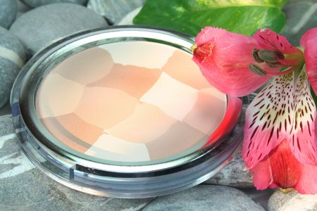 Make-up powder on stones with leaves and flowersの写真素材