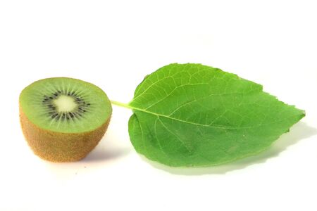 half a kiwi fruit with leaf on a white backgroundの写真素材