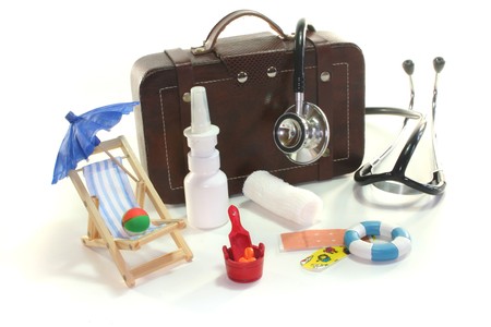 First aid kit with Bags, Stethoscope and medicinesの写真素材