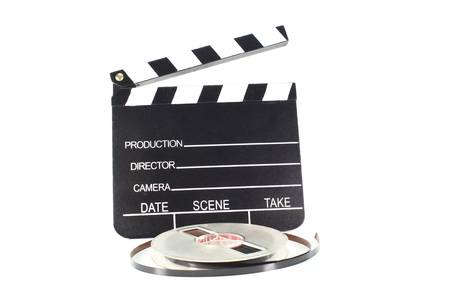 clapperboard with screen roll on a white backgroundの写真素材