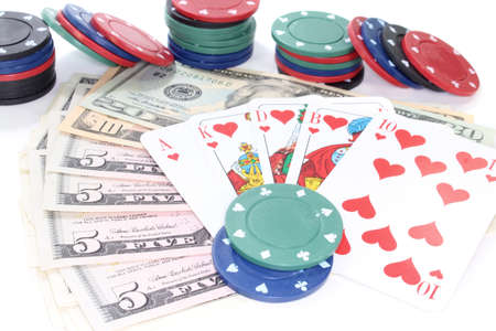 Straight Flush with poker chips and dollars