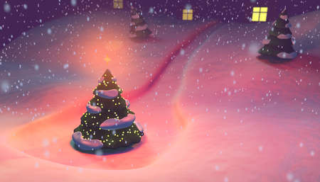 3D illustration of a Christmas tree against the background of a snowy landscape and snowfall. High quality 3D illustrationの写真素材