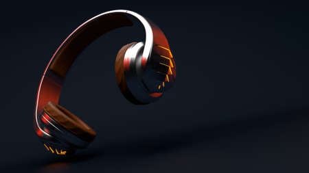 3D Illustration of Aluminum Dieselpunk Headphones with Leather Ear Pads on a Dark background with Lights. High quality 3D Illustration.の写真素材