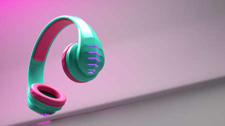 3D Illustration of Blue Wireless Plastic Headphones with Lights. High quality 3D Illustration.の写真素材