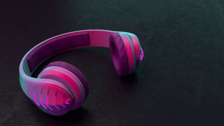 3D Illustration of Purple Blue Wireless Plastic Headphones on a Dark background with Lights. High quality 3D Illustration.の写真素材