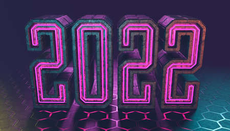 3d illustration of numbers 2022 in cyberpunk style with neon lights standing on the groundの写真素材