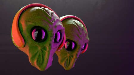 3D illustration of two aliens heads in headphones in the air on a dark backgroundの写真素材