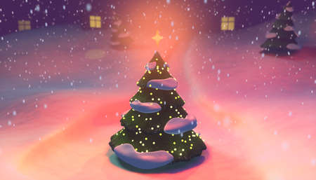 3D illustration of a Christmas Tree against the background of a snowy landscape and snowfallの写真素材