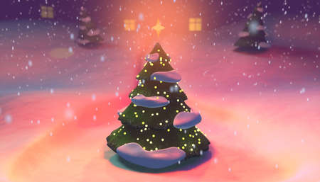 3D illustration of a Christmas Tree against the background of a snowy landscape and snowfallの写真素材