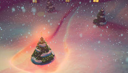 3D illustration of a Christmas Tree against the background of a snowy landscape and snowfallの写真素材