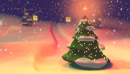 3D illustration of a Christmas Tree against the background of a snowy landscape and snowfallの写真素材