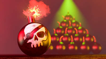 3d illustration of cannonball with painted pirate skull and burning wick on dark backgroundの写真素材