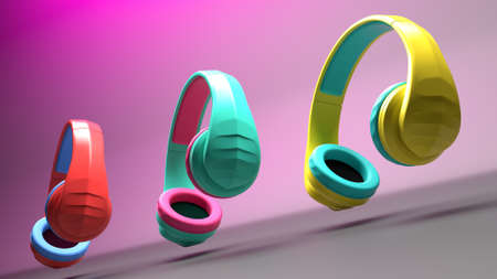 3D Illustration of Three Wireless Plastic Headphonesの写真素材